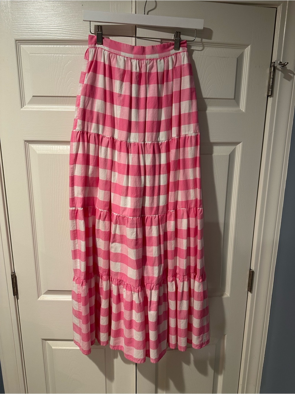 Aura Pink and White Gingham Tiered Maxi Skirt